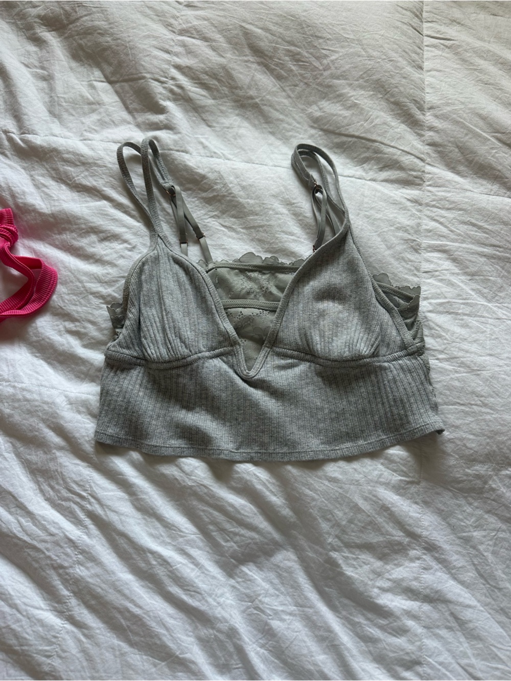 American Eagle Outfitters Ribbed Lace-Trim Bralette - Light Gray